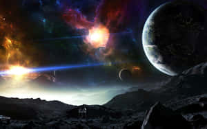 兩名太空人在岩石外星世界上欣賞色彩繽紛的星雲和遙遠的地球。 — 太空 壁紙