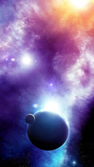 色彩繽紛的宇宙星雲中的發光行星和月亮。 — 太空 iPhone 動態圖 壁紙