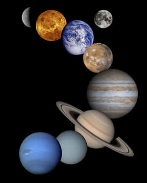 在黑色背景上，太空中色彩繽紛的行星和衛星排列。 — 行星 壁紙