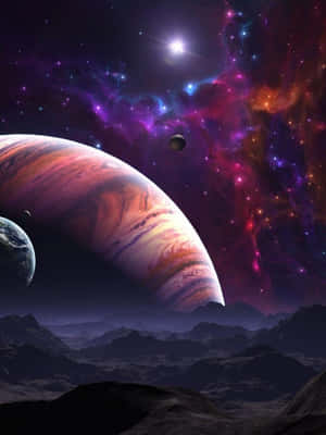 外星山脈仰望深空中一顆巨大的行星和色彩繽紛的星雲。