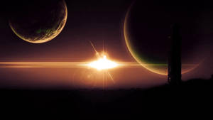 一座塔矗立在太空中兩顆行星之間的日落前。