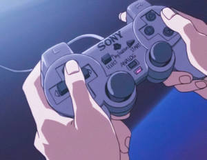動漫風格的手握著發光粉紅光的PlayStation控制器。 — 街機 壁紙