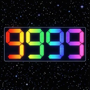 在星空背景下發光的彩虹色像素化數碼數字9。