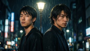 兩個男人在雨夜的城市裡背對背站在霓虹燈下。