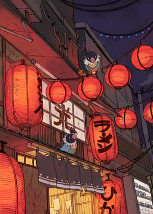 兩隻卡通鳥坐在電線上，下方是日本街道上發光的紅色燈籠，夜晚時分。