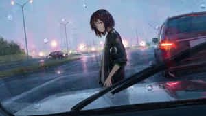 動漫女孩在雨夜的城市街道上站在汽車旁，街燈閃耀。 — 雨 壁紙