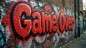 後巷磚牆上寫住Game Over嘅紅色塗鴉。