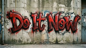 裂開嘅混凝土牆上，紅色塗鴉文字寫住「Do It Now」。