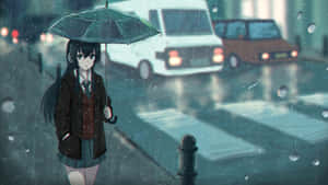 動漫女學生穿著校服在雨中街道撐傘，有汽車。 — 可愛動漫女仔 壁紙