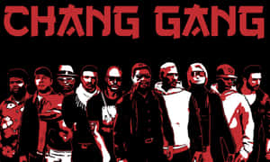紅黑插圖，一群男子在「CHANG GANG」文字下方。