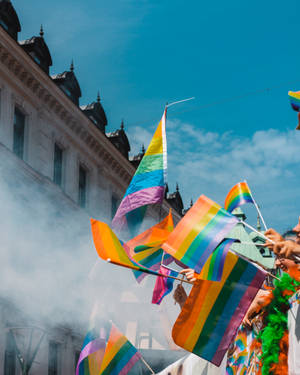 人群在歷史建築附近的陽光街頭慶祝活動中揮舞彩虹旗。