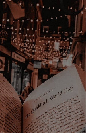 在昏暗街道上，發光的串燈下，一本名為Quidditch World Cup的打開的書。