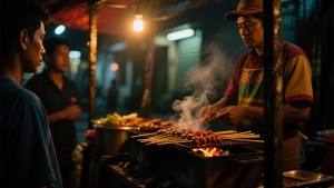 街頭小販在夜晚為顧客在火上烤肉串。