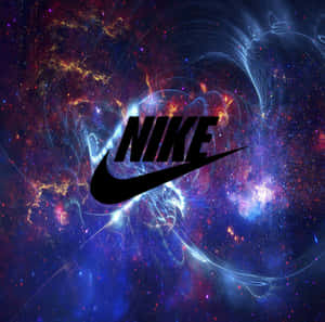 Nike標誌漂浮在色彩繽紛的宇宙星雲中，有旋轉的氣體和星星。