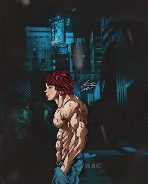 一個紅髮肌肉發達的動漫男子夜晚站在雨中霓虹城市小巷。 — 動漫城市 壁紙