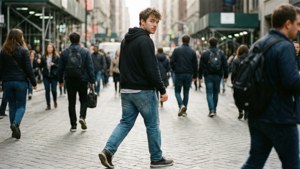 年輕男子穿連帽衫走在繁忙城市街道上回頭看向相機