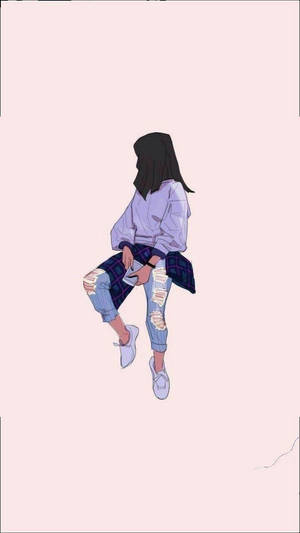 一個穿著破洞牛仔褲和連帽衫的女孩，盤腿坐在粉紅色背景前。