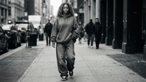 穿著超大連帽衫的女性走在城市人行道上 — Rihanna 壁紙