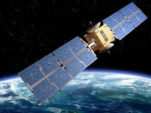 在太空中繞地球運行的帶有太陽能板的衛星 — 行星 壁紙