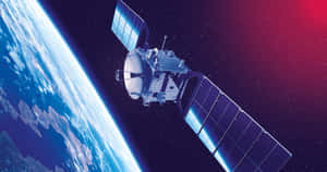 衛星在太空中繞地球運行，背景為紅色和藍色漸變 — 行星 壁紙