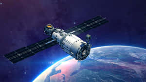 衛星繞地球運行，帶有發光的極光和星空