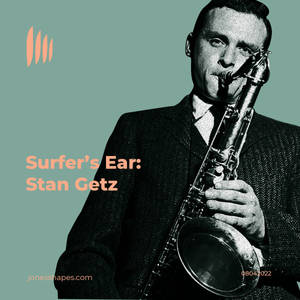 Stan Getz 在復古黑白肖像中演奏色士風，背景為青綠色，文字為桃色。 — 音樂 GIF 壁紙