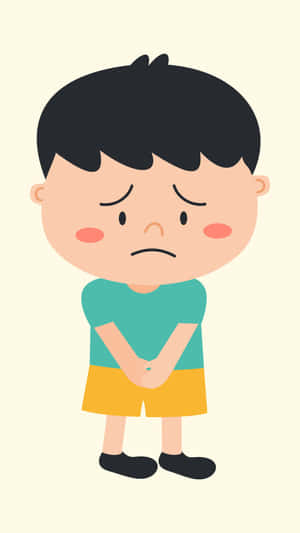 一個黑頭髮、穿著綠色襯衫和黃色短褲的悲傷卡通男孩。