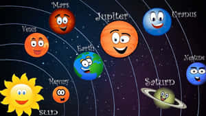 微笑的卡通行星在星空下環繞太陽運行。