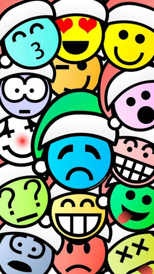 色彩繽紛的卡通表情符號面孔戴著聖誕帽，展示各種表情。