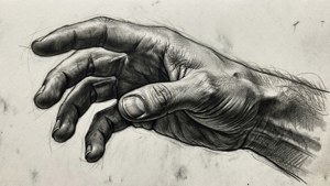 細緻嘅木炭素描，描繪一隻向前伸展嘅手，帶有豐富嘅明暗對比。