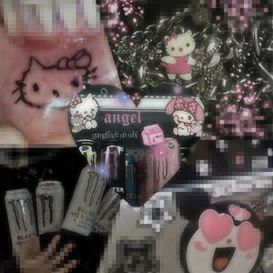 Hello Kitty 主題物品和 Monster Energy 飲品，帶有 Hello Kitty 紋身。