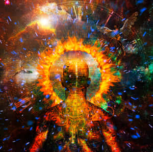 一個發光的人形身影，帶有火焰光環，被宇宙能量和漂浮的天使包圍。
