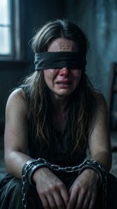 一個被蒙住眼睛、戴著鎖鏈的女人在黑暗的地牢裡哭泣。