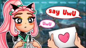 粉紅色頭髮和貓耳的女動漫角色拿著帶有「UwU」對話框的心形卡片。