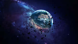 行星地球被小行星包圍在色彩斑斕的星雲中，伴有星星。 — 地球 壁紙