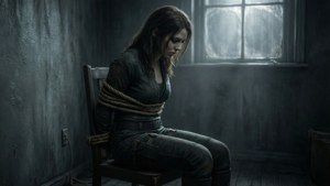 一個被繩子綁著的女人坐在一張椅子上，房間黑暗、佈滿灰塵，只有一扇窗戶。