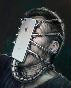男人通過金屬觸鬚與iPhone融合的黑暗數碼藝術肖像 — 手機壞咗 GIF 壁紙