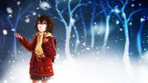 一個穿著紅色外套的女孩站在雪地森林中，周圍有發光的藍色樹木。