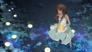 動漫女孩在星空宇宙水域中手持發光燈籠，周圍有漂浮蠟燭。
