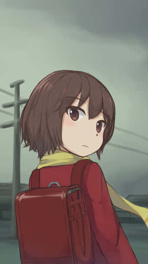 短棕色頭髮、背著紅色背包的動漫女孩回頭看。