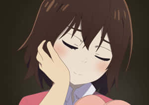 棕色頭髮的動漫女孩，觸摸臉頰，溫柔微笑。