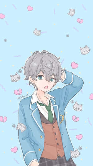 穿著校服的動漫男孩，表情驚訝，被心形和貓臉包圍。 — 唯美月亮動圖 壁紙