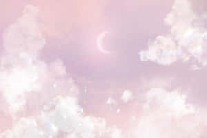 粉彩天空，有蓬鬆嘅雲同埋發出彩虹光暈嘅新月。