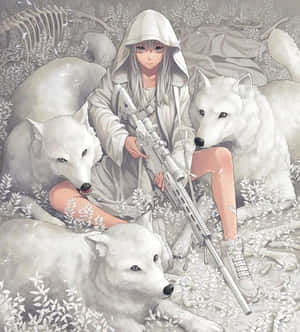 動漫女孩與白狼在雪地裡手持步槍，有骨頭。