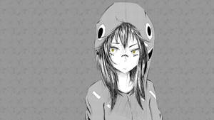 灰色圖案背景上，黃色眼睛的動漫女孩穿著鯊魚連帽外套。 — 可愛動漫女仔 壁紙