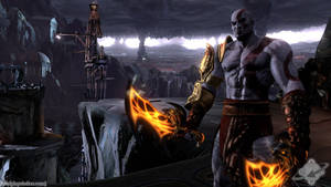 God of War 的克雷多斯在俯瞰遺跡的懸崖上手持火焰刀刃。