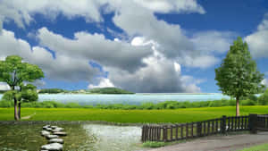 石徑穿過溪流通往綠色田野和湖泊，天空多雲 — 湖 壁紙