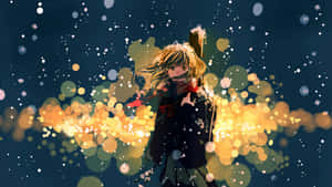 夜晚雪地中身後有閃爍燈光的動漫女孩 — 雨 壁紙