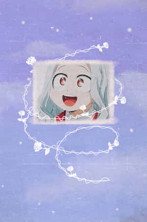 銀髮動漫女孩在紫色背景上的白色花環內微笑