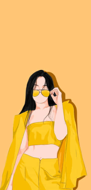 穿著黃色服裝的女性在橙色背景前調整太陽眼鏡